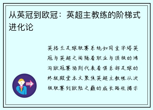 从英冠到欧冠：英超主教练的阶梯式进化论