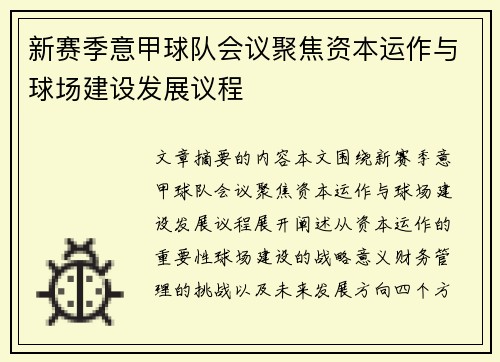 新赛季意甲球队会议聚焦资本运作与球场建设发展议程