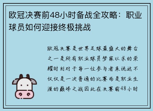 欧冠决赛前48小时备战全攻略：职业球员如何迎接终极挑战